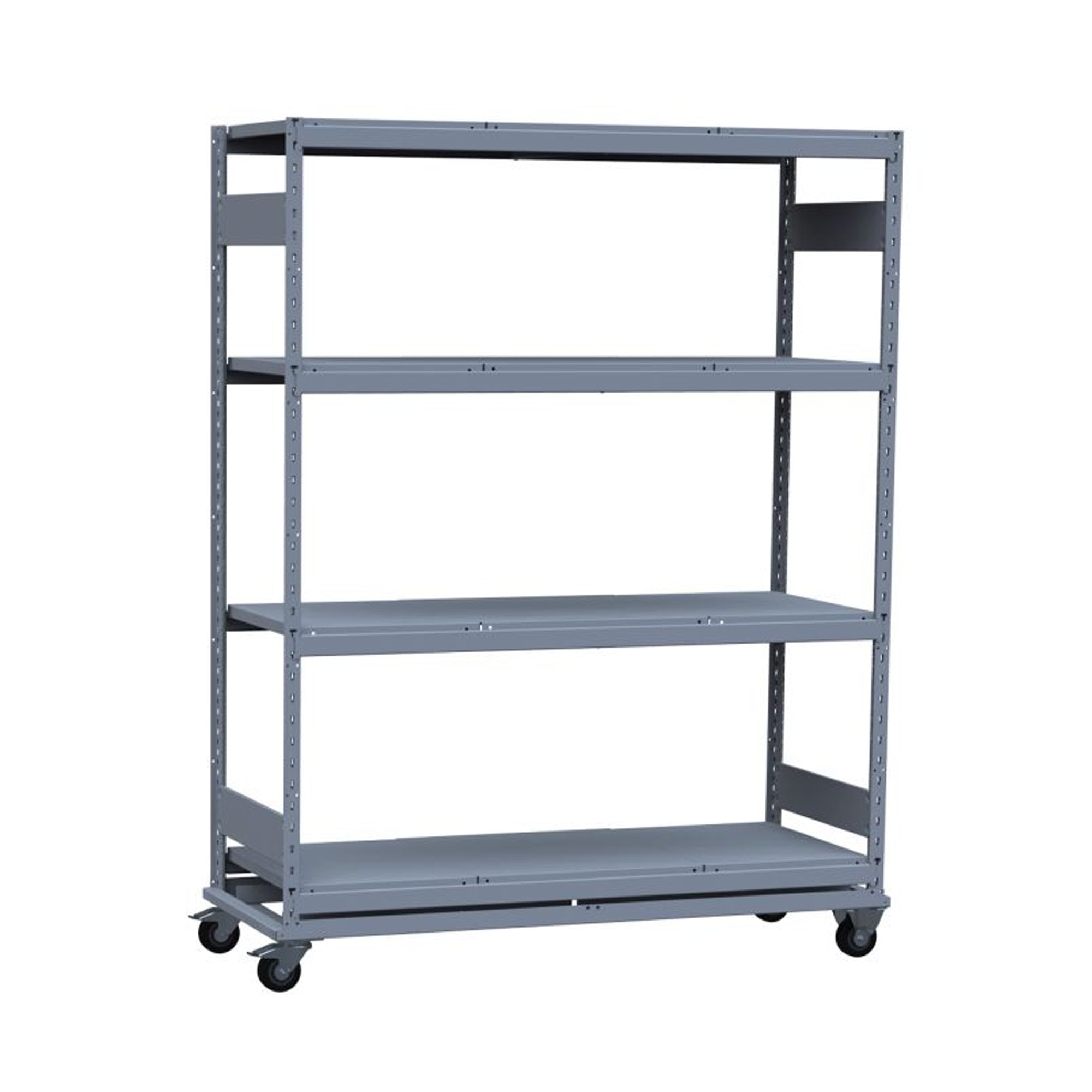 A gray Rousseau mobile stripdown shelving unit with four shelves and heavy duty castors.