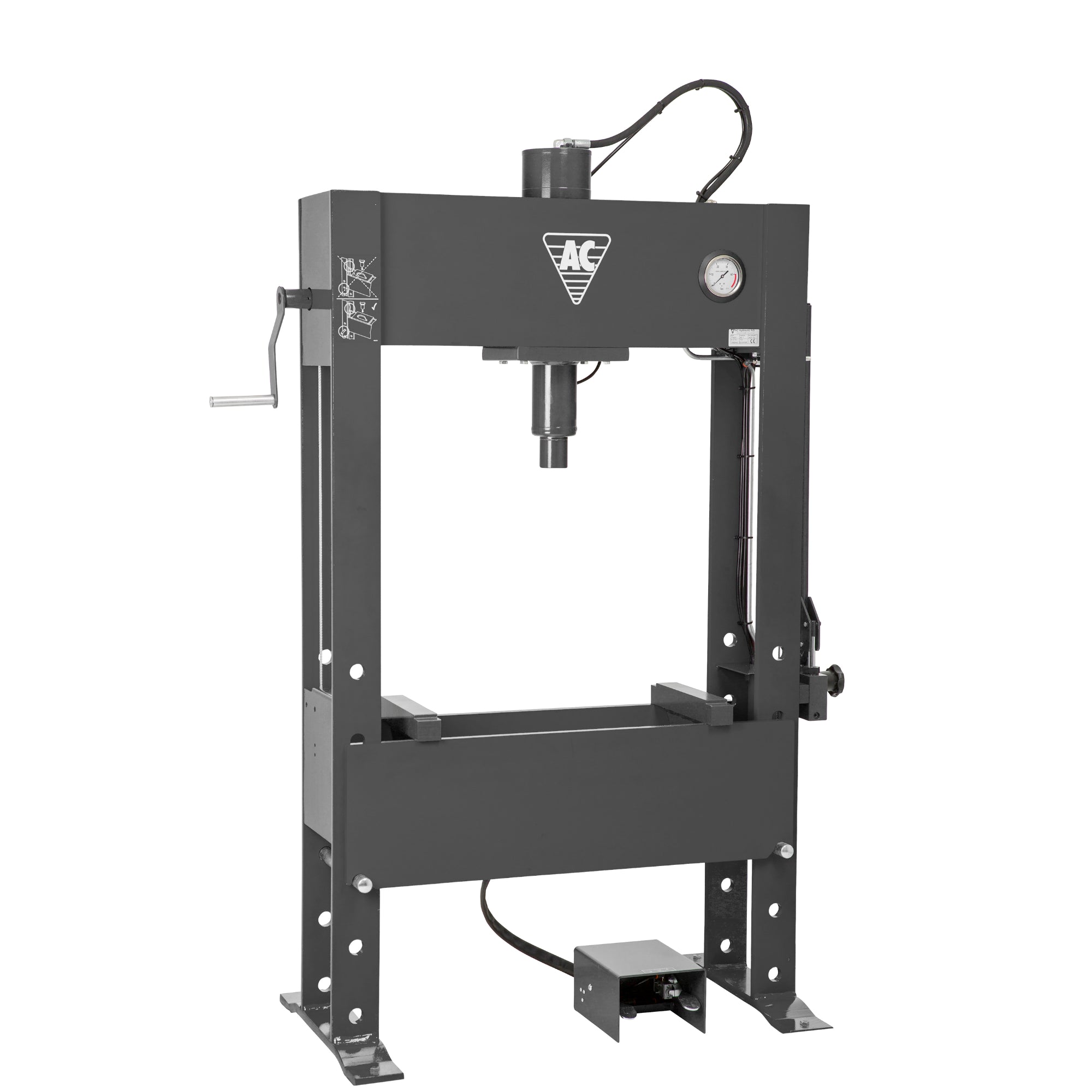Blue hydraulic press with gauge and crank handle, featuring a sturdy metal frame and control pedal.