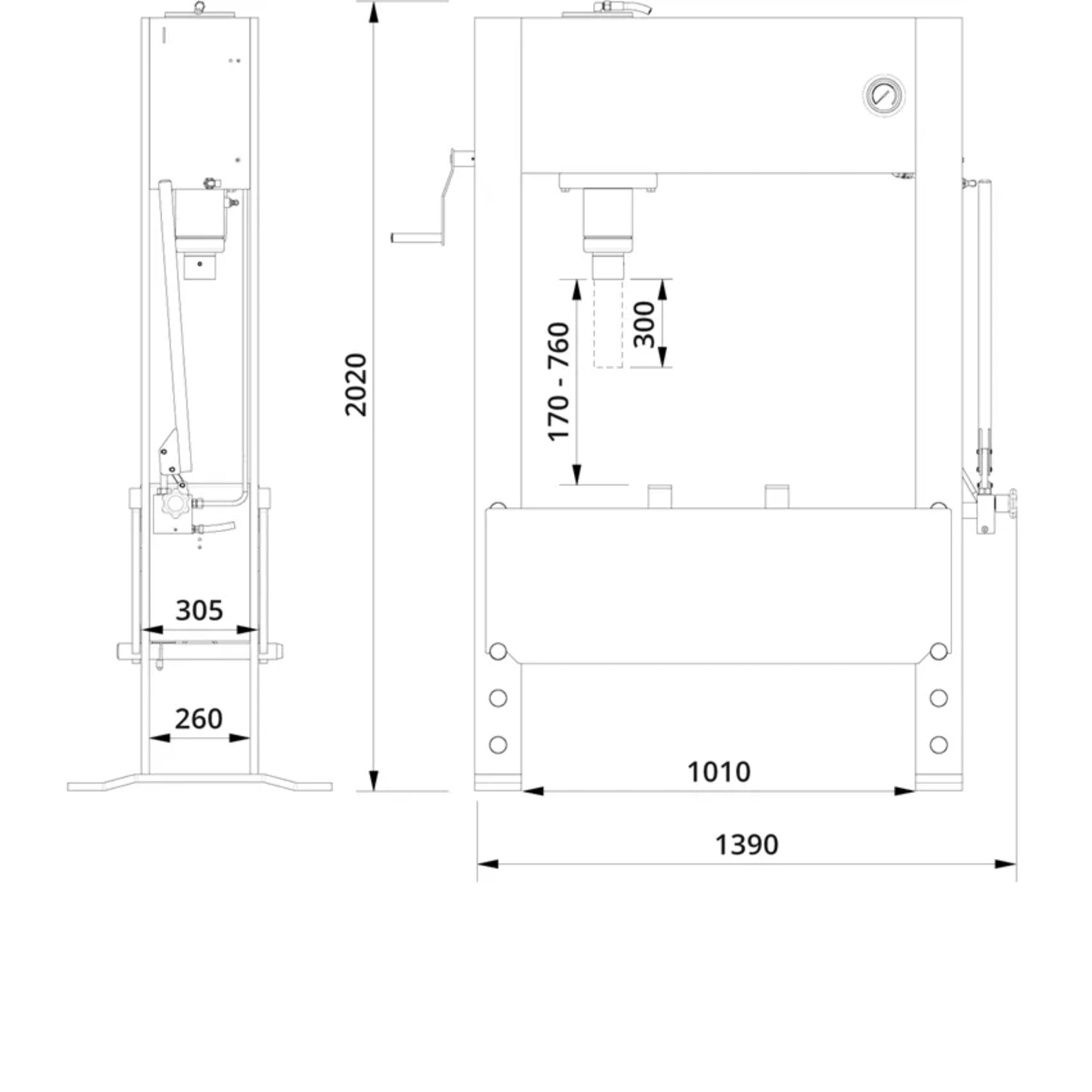 Technical schematic of the P60H hydraulic press with detailed measurements, showcasing the structure and dimensions for industrial applications.
