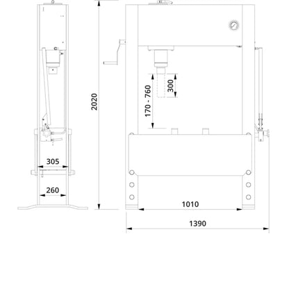 Technical schematic of the P60H hydraulic press with detailed measurements, showcasing the structure and dimensions for industrial applications.