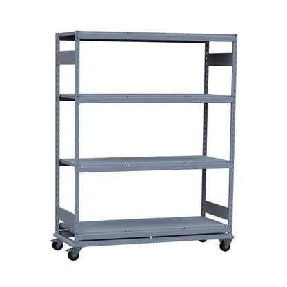 A gray Rousseau mobile stripdown shelving unit with four shelves and heavy duty castors.