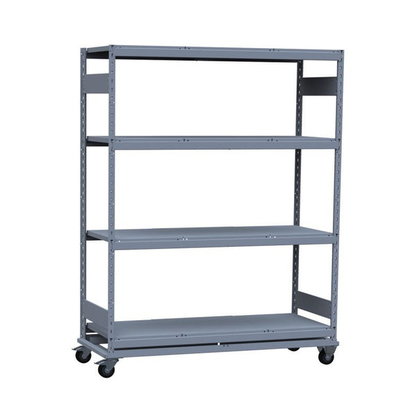 A gray Rousseau mobile stripdown shelving unit with four shelves and heavy duty castors.